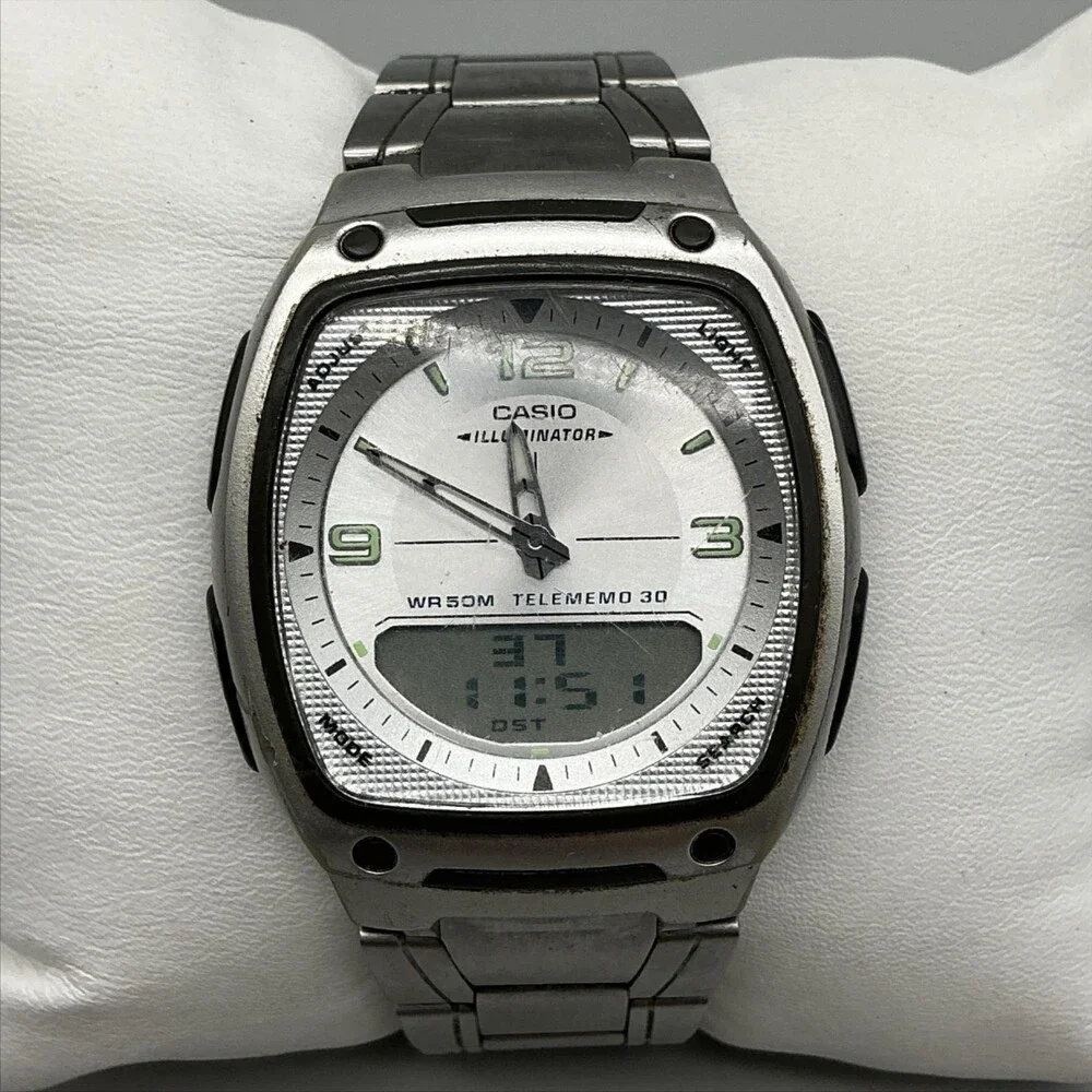 Casio 2747 AW-81 Telememo 30 Mens Watch 39mm Silver Dial Stainless Bracelet 7.5